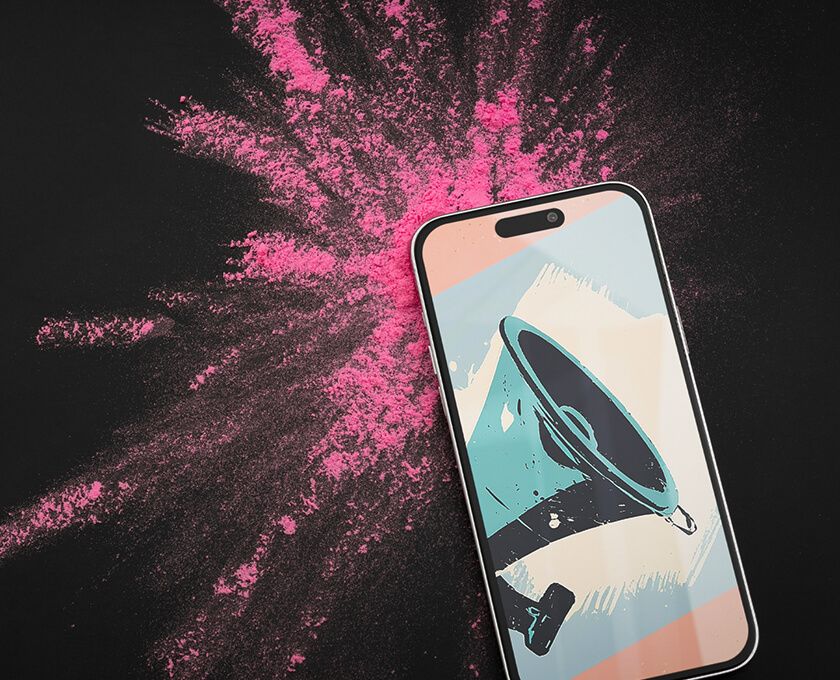 Smartphone mit Megaphone auf schwarzem Grund mit pinkfarbenem Pulver