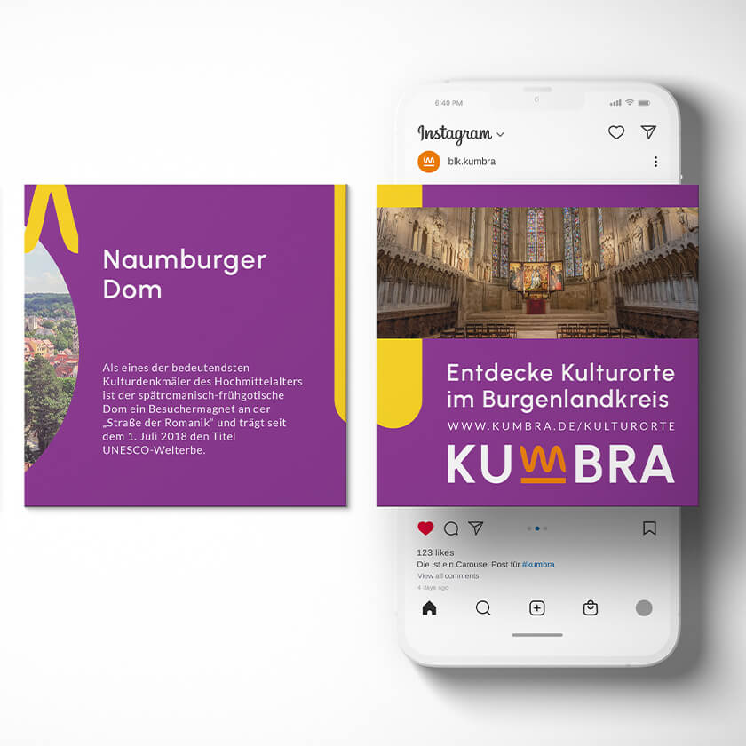 Visualisierung eines Carousel-Posts für KUMBRA, der Kulturmarke vom Burgenlandkreis
